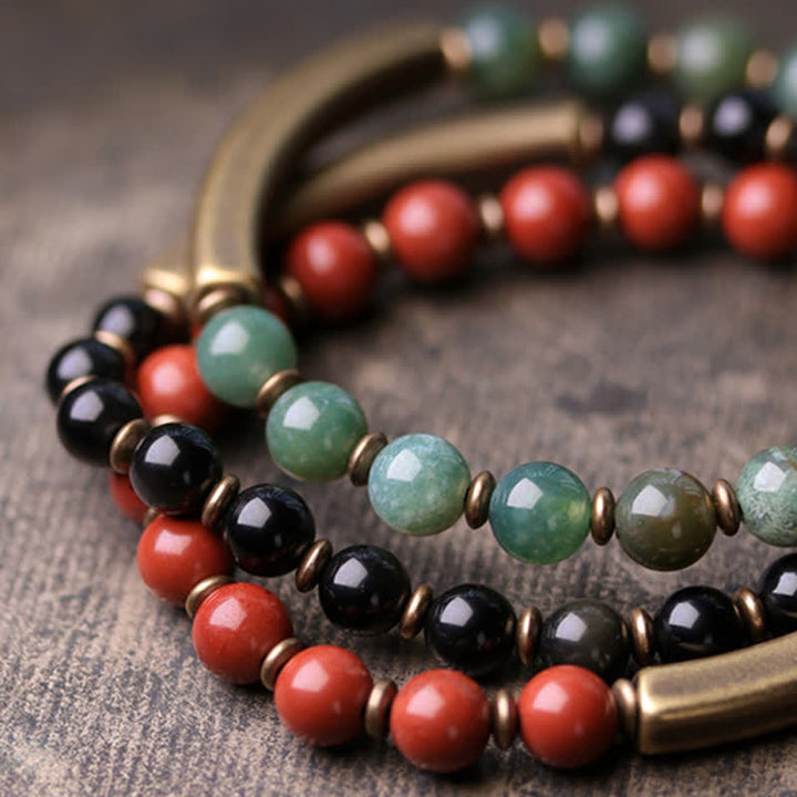 Buddha Stones Red Jasper Moss Agate Black Obsidian Crystal Copper Peace Couple Bracelet - image 13