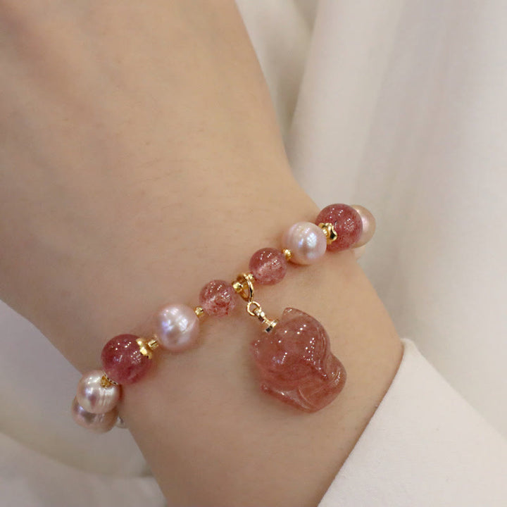 Buddha Stones Natural Pearl Strawberry Quartz Cute Fox Love Healing Charm Bracelet - image 5
