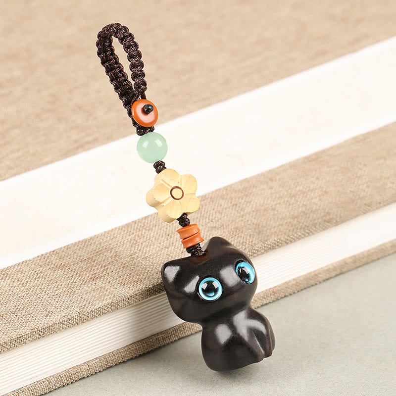 Buddha Stones Mini Small Leaf Red Sandalwood Ebony Wood Lucky Cat Lovely Kitty Peace Key Chain Phone Hanging Decoration - Key Chain - Ebony Cat - image 2