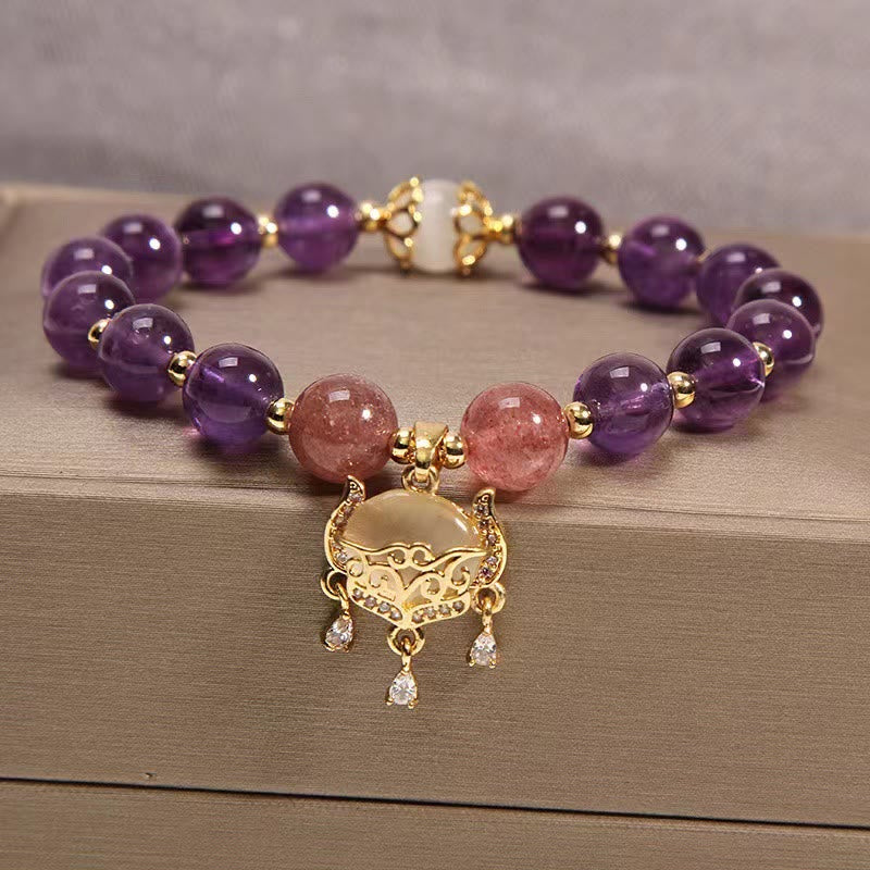 Buddha Stones Natural Amethyst Strawberry Quartz Cat Eye Chinese Lock Charm Healing Bracelet - Amethyst&Strawberry Quartz&Cat Eye - image 0