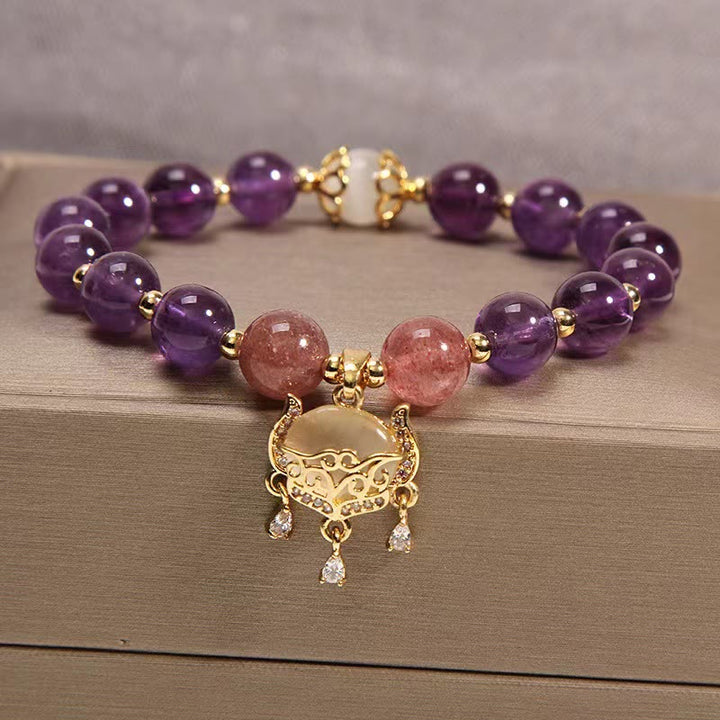 Buddha Stones Natural Amethyst Strawberry Quartz Cat Eye Chinese Lock Charm Healing Bracelet - Amethyst&Strawberry Quartz&Cat Eye - image 0