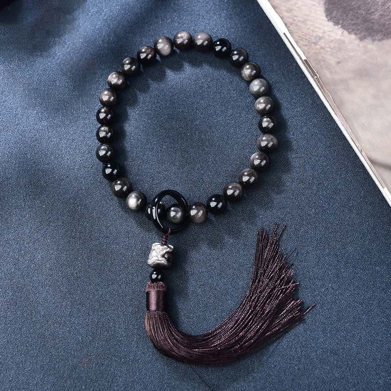 Buddha Stones Natural Silver Sheen Obsidian Lion Wrist Mala Protection Tassels Pocket Mala Car Decoration - 14mm - image 0