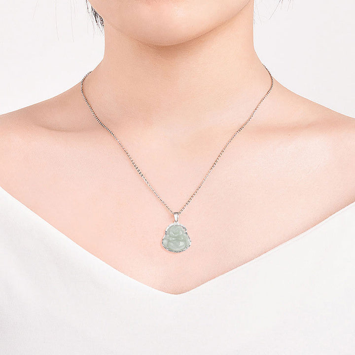 Buddha Stones Laughing Buddha Jade Luck Calm Titanium Steel Chain Necklace Pendant - image 2