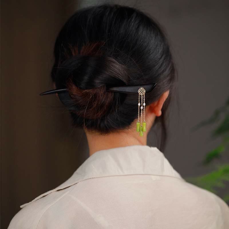 Buddha Stones Natural Peridot Ebony Wood Love Tassels Hairpin - image 5