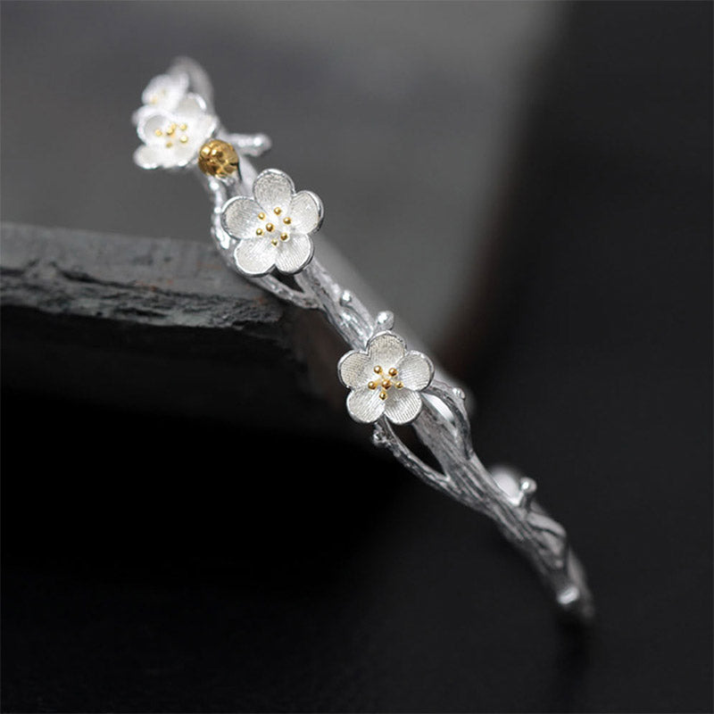 Buddha Stones 925 Sterling Silver Plum Flower Blessing Bracelet Adjustable Bangle - Plum Flower - image 7