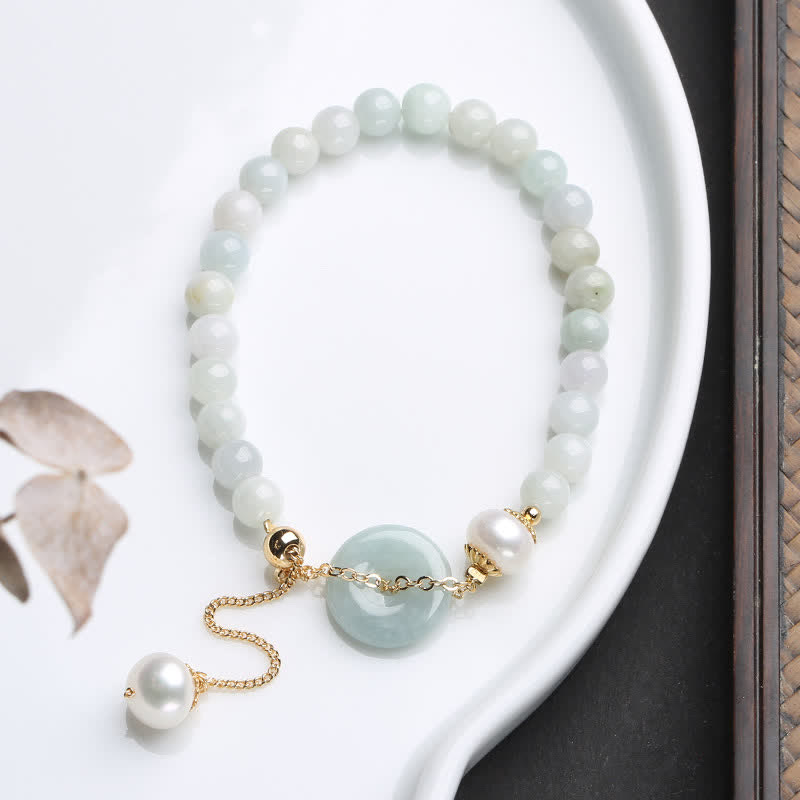 Buddha Stones Natural Jade Pearl Peace Buckle Prosperity Luck Bracelet - Jade (Prosperity ♥ Abundance) - image 0