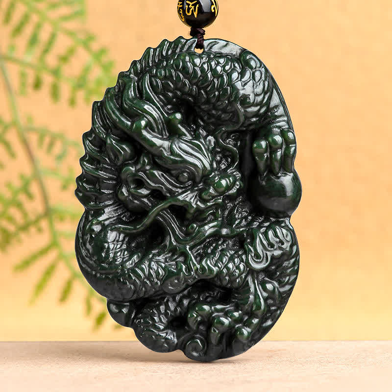Buddha Stones Hetian Cyan Jade Dragon Success Harmony Necklace Beaded String Pendant - image 6