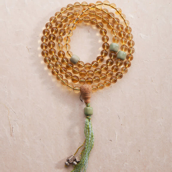 Buddha Stones 108 Mala Beads 925 Sterling Silver Citrine Sandalwood Turquoise Protection Prosperity Bracelet - Citrine (Happiness ♥ Prosperity) - image 0