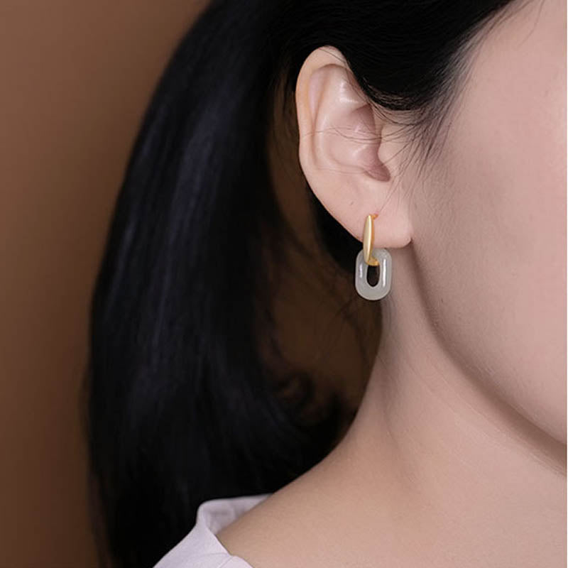 Buddha Stones 925 Sterling Silver Round White Jade Happiness Blessing Earrings - image 4