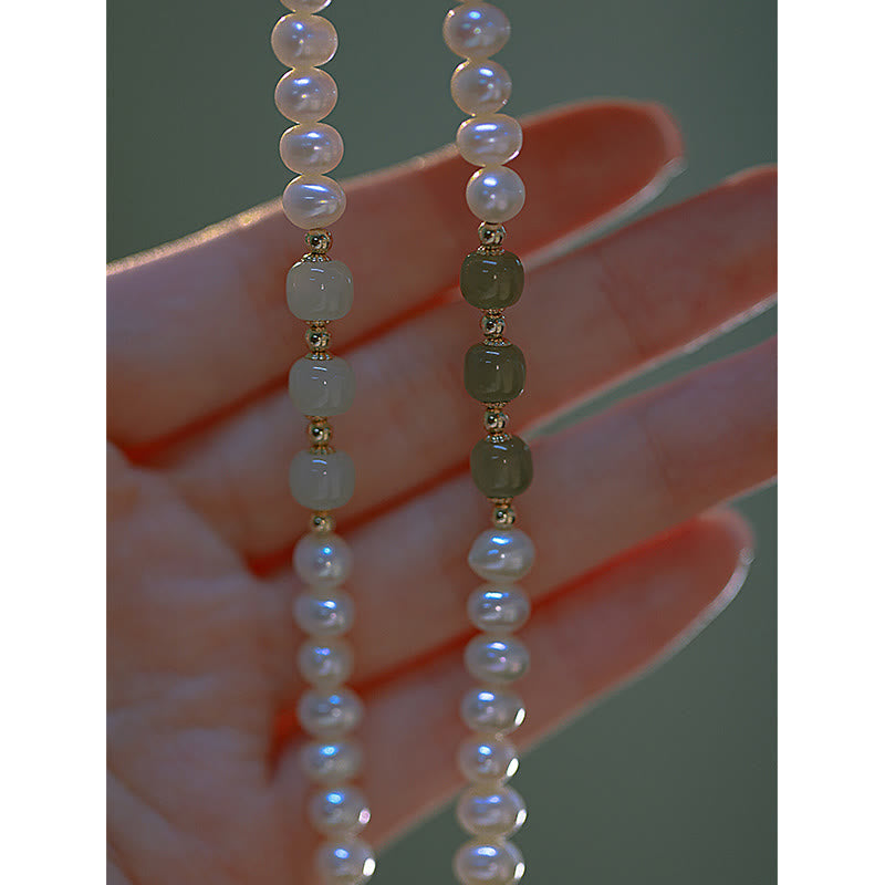 Buddha Stones 14K Gold Plated Natural Pearl Hetian Cyan Jade White Jade Sincerity Bead Chain Bracelet - image 10