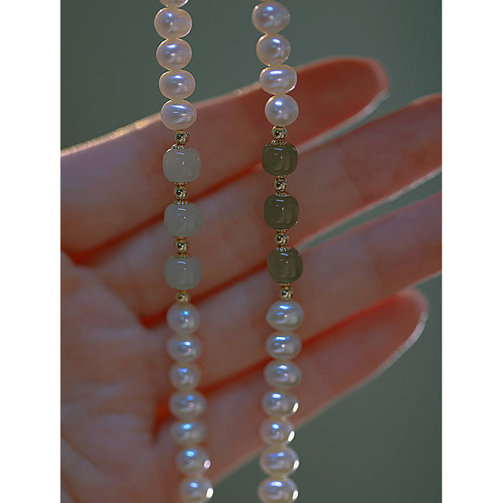 Buddha Stones 14K Gold Plated Natural Pearl Hetian Cyan Jade White Jade Sincerity Bead Chain Bracelet - image 10