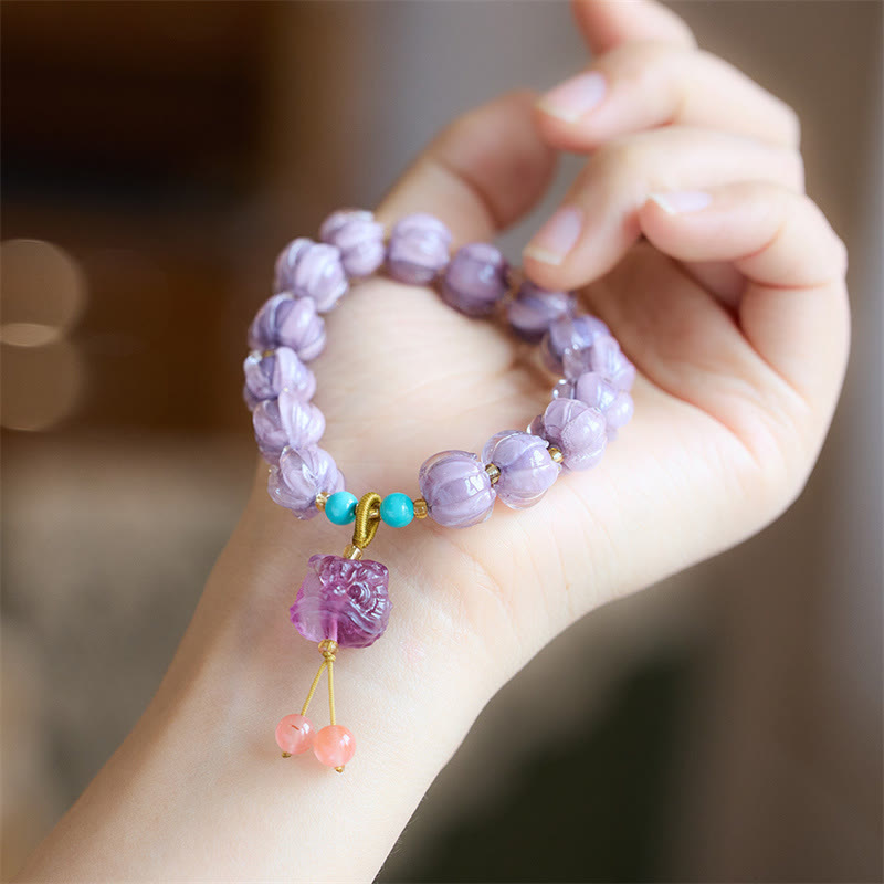 Buddha Stones Liuli Glass Bead Lotus Design Fluorite Ivory Fruit Dancing Lion Charm Enlightenment Bracelet - image 3
