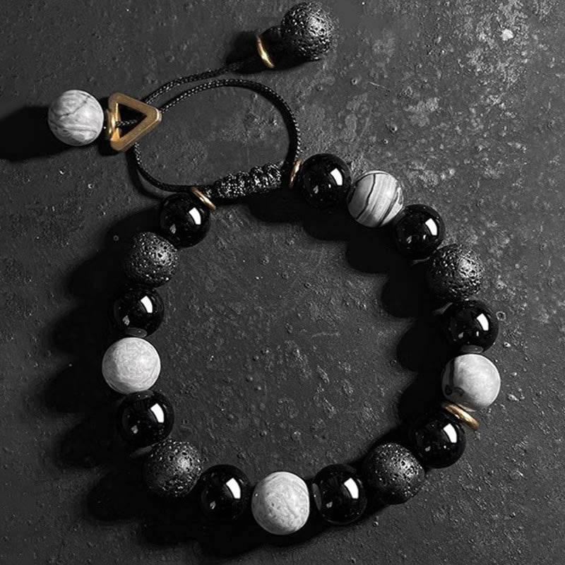 Buddha Stones Black Obsidian Lava Rock Stone Yin Yang Strength Bracelet - image 12