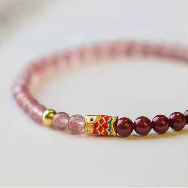 Buddha Stones Natural Strawberry Quartz Cinnabar Lucky Koi Fish Healing Bracelet - image 23