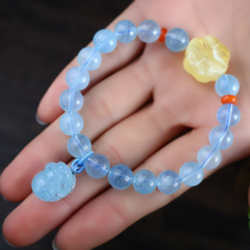 Buddha Stones Natural Aquamarine Amber Pixiu Peace Healing Charm Bracelet - image 3