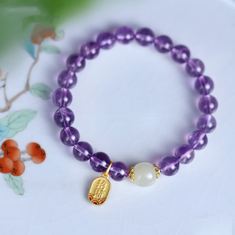 Buddha Stones Natural Amethyst Crystal Hetian Jade Healing Charm Bracelet - image 5