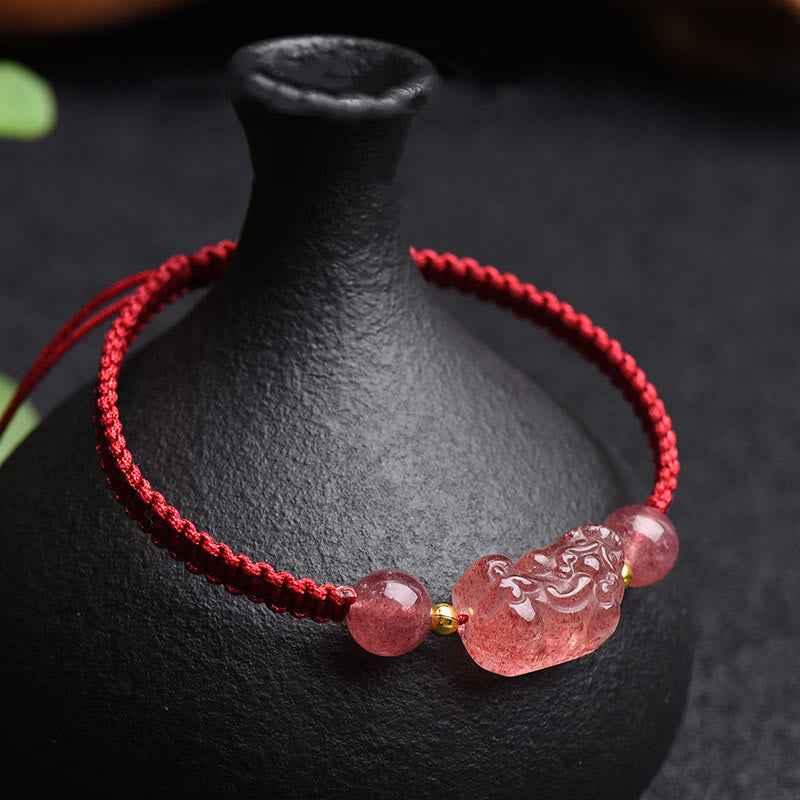 Buddha Stones Natural Strawberry Quartz PiXiu Lucky Red String Bracelet - Strawberry Quartz(Wrist Circumference 14-20cm) - image 0