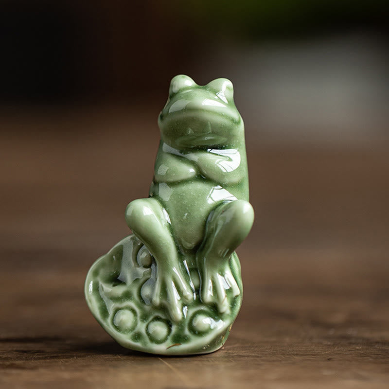 Buddha Stones Mini Small Meditation Lotus Resting Frog Ceramic Wealth Luck Home Tea Pet Figurine Decoration - Lotus Little Frog 4*3.5*5.9cm - image 9