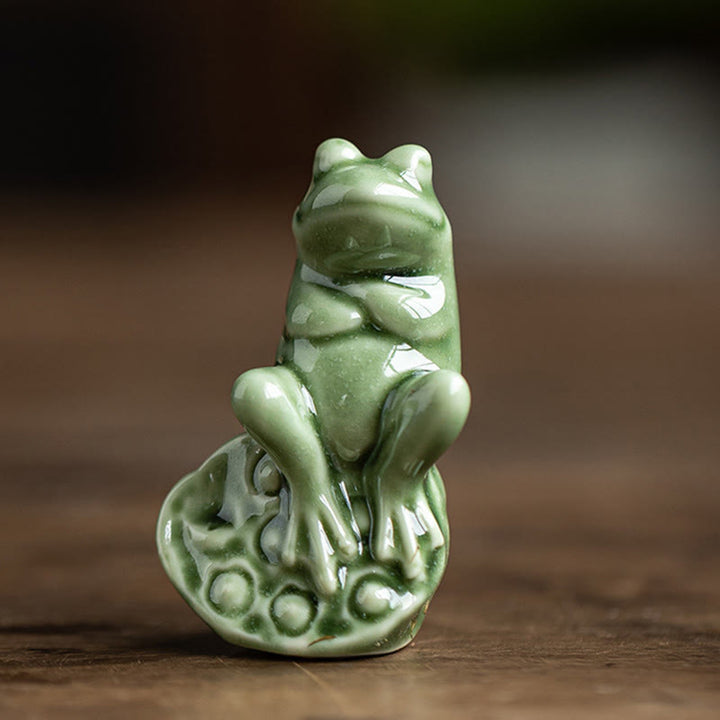 Buddha Stones Mini Small Meditation Lotus Resting Frog Ceramic Wealth Luck Home Tea Pet Figurine Decoration - Lotus Little Frog 4*3.5*5.9cm - image 9