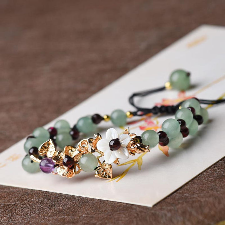 Buddha Stones Green Aventurine Garnet Bead Flower Petal Luck Bracelet - Green Aventurine - White Flower - image 9
