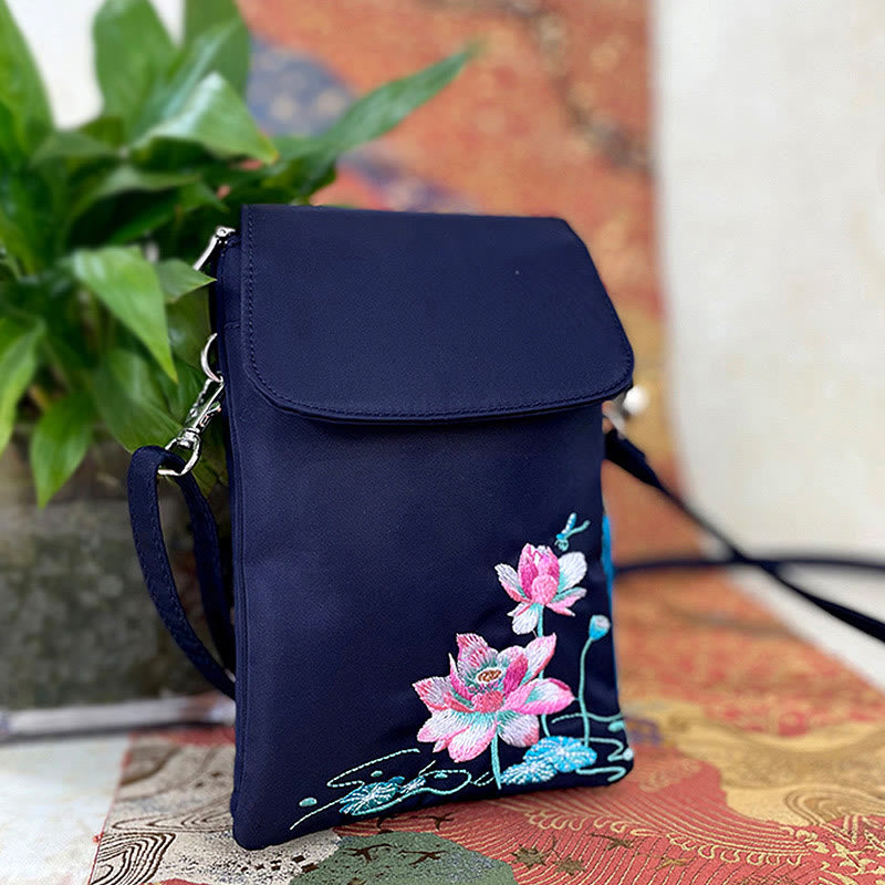 Buddha Stones Waterproof Handmade Embroidered Lotus Flowers Crossbody Bag Shoulder Bag Cellphone Bag - image 15