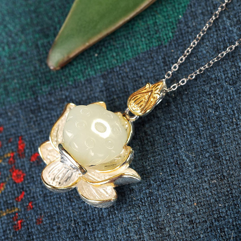 Buddha Stones White Jade Lotus Flower Happiness Necklace - image 7