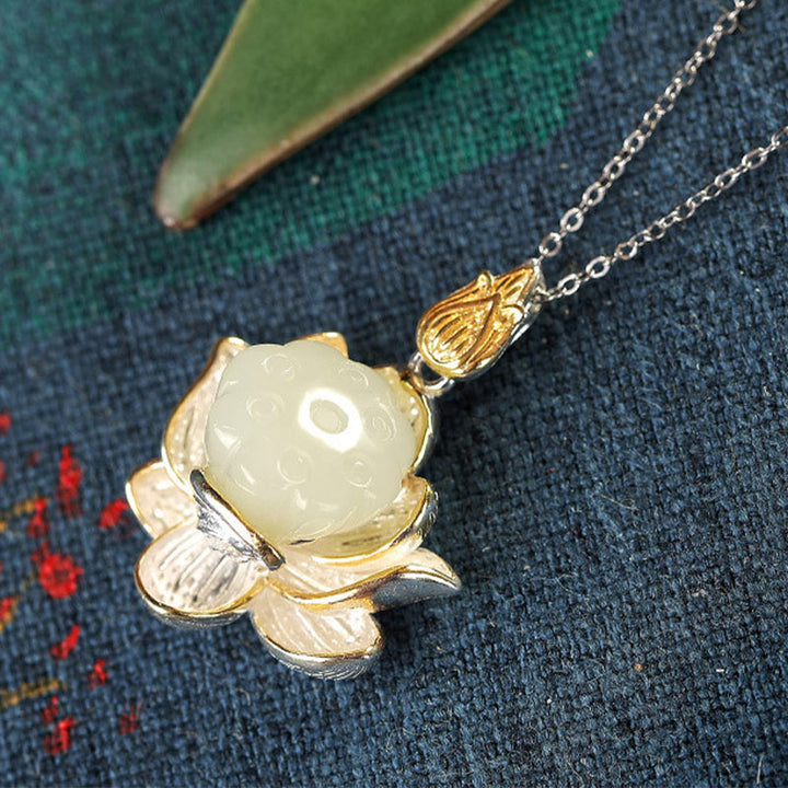 Buddha Stones White Jade Lotus Flower Happiness Necklace - image 7
