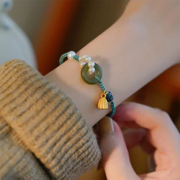 Buddha Stones Natural Hetian Jade Peace Buckle Pearl Luck Handcrafted Braided Bracelet - image 5