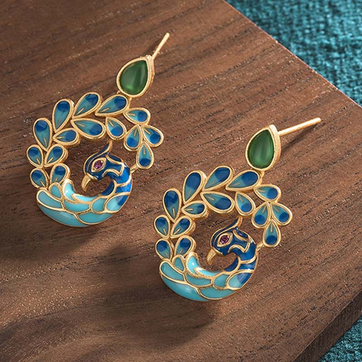 Natural White Peacock Green Agate Fortune Earrings - image 1