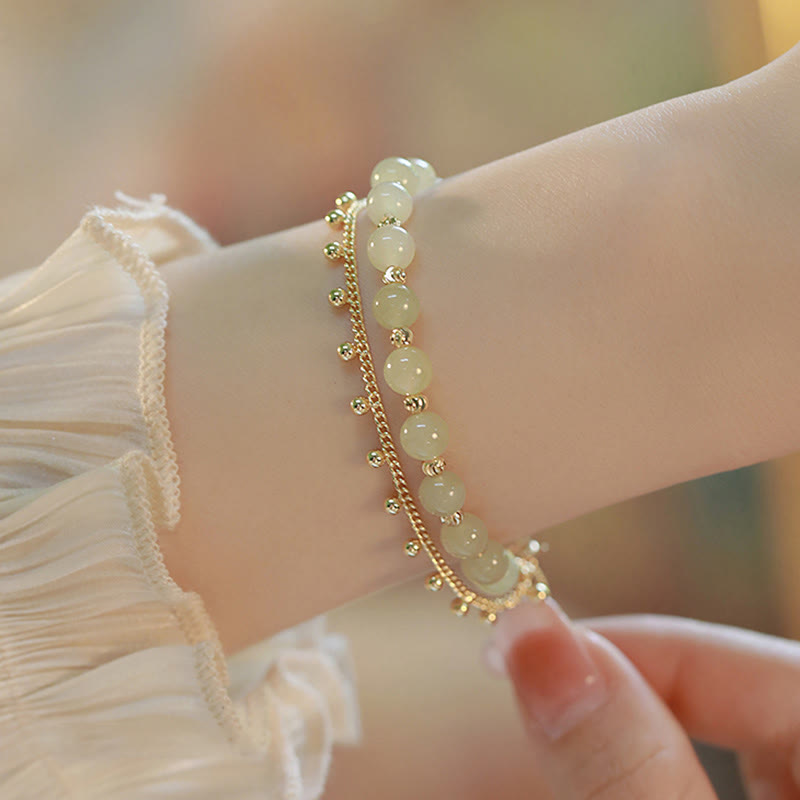 Buddha Stones 14K Gold Plated 2 Layers Hetian Jade Bead Luck Prosperity Bracelet - image 2