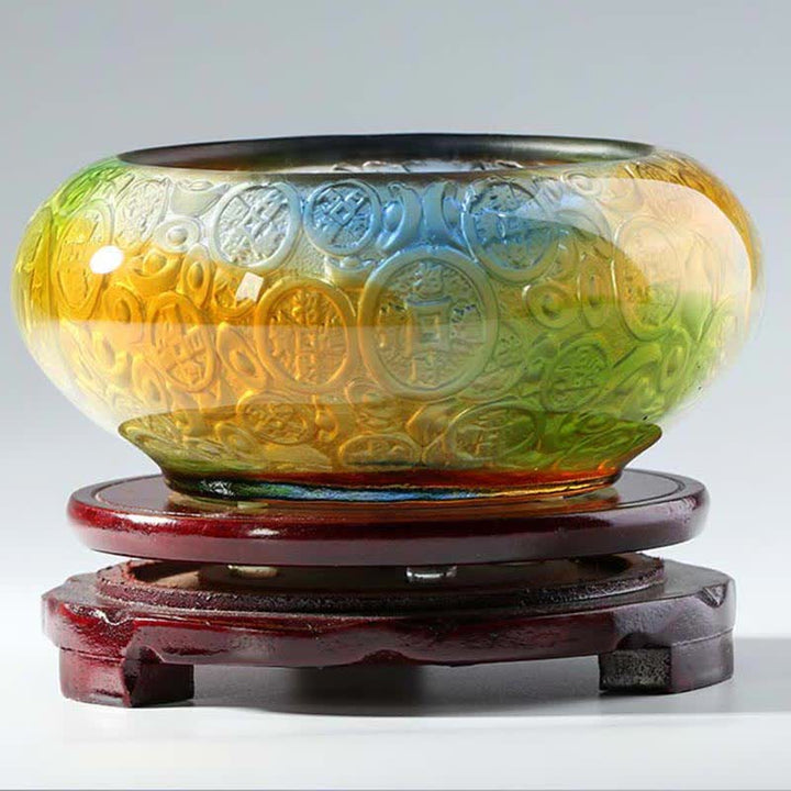Buddha Stones Handmade Liuli Crystal Treasure Bowl Ingots Art Piece Home Decoration - image 2