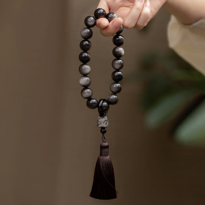Buddha Stones Natural Silver Sheen Obsidian Black Obsidian Lion Wrist Mala Protection Tassels Pocket Mala Car Decoration - image 0