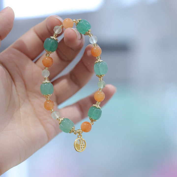 Buddha Stones Natural Golden Silk Jade Pumpkin Bead Fu Character Charm Wealth Bracelet - image 1