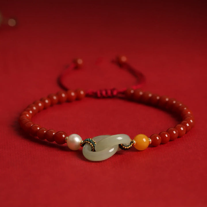 Buddha Stones Natural Red Agate Hetian Jade Double Peace Buckle Confidence Bracelet - Red Agate(Confidence♥Calm)((Wrist Circumference 14-20cm) - image 0