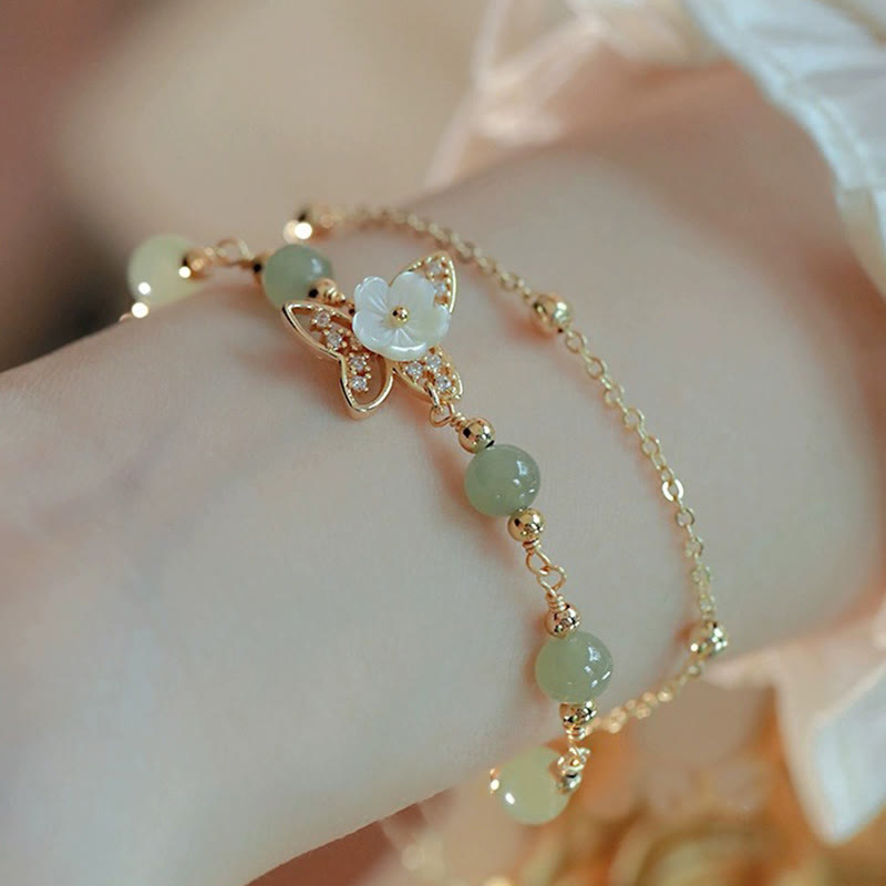 Buddha Stones 14K Gold Plated Jade Butterfly Tridacna Stone Flower Double Layer Luck Bracelet - image 3