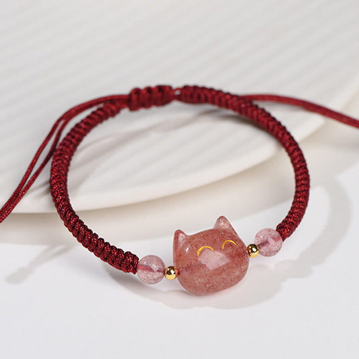 Buddha Stones Handmade Natural Silver Sheen Obsidian Strawberry Quartz Cute Cat Protection Braided Bracelet - image 8