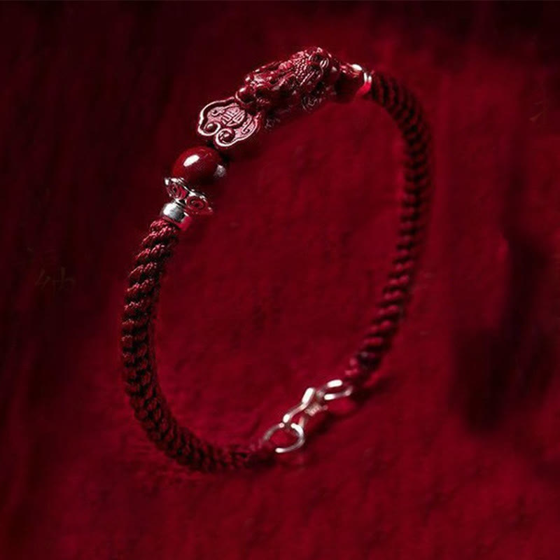 Buddha Stones Handcrafted PiXiu Cinnabar Wealth Luck Braided Bracelet - Dark Red Buckle Rope - 17cm - image 0