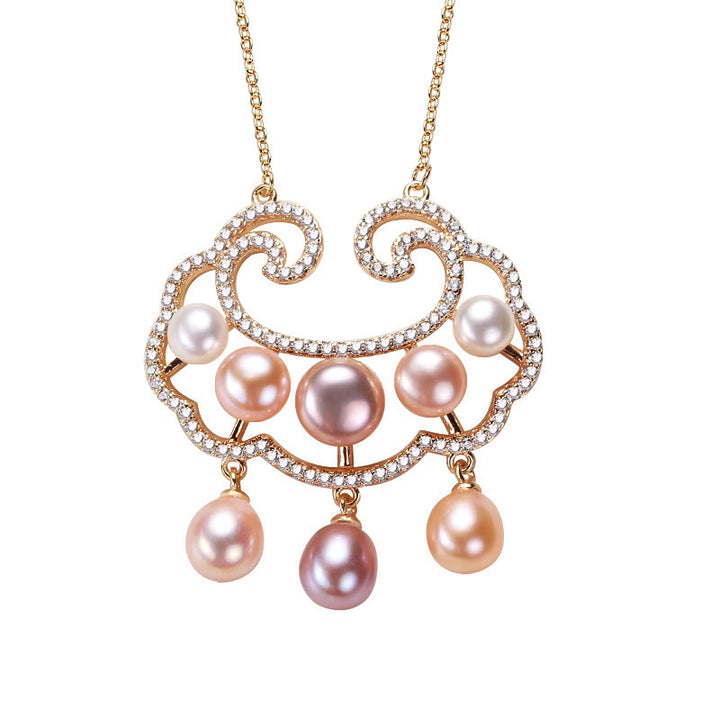 Buddha Stones 18K Gold Plated Natural Pearl Chinese Lock Charm Sincerity Necklace Pendant - image 5