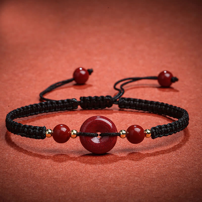 Buddha Stones Natural Cinnabar Peace Buckle Blessing String Bracelet - Black Rope(Wrist Circumference 14-18cm) - image 6