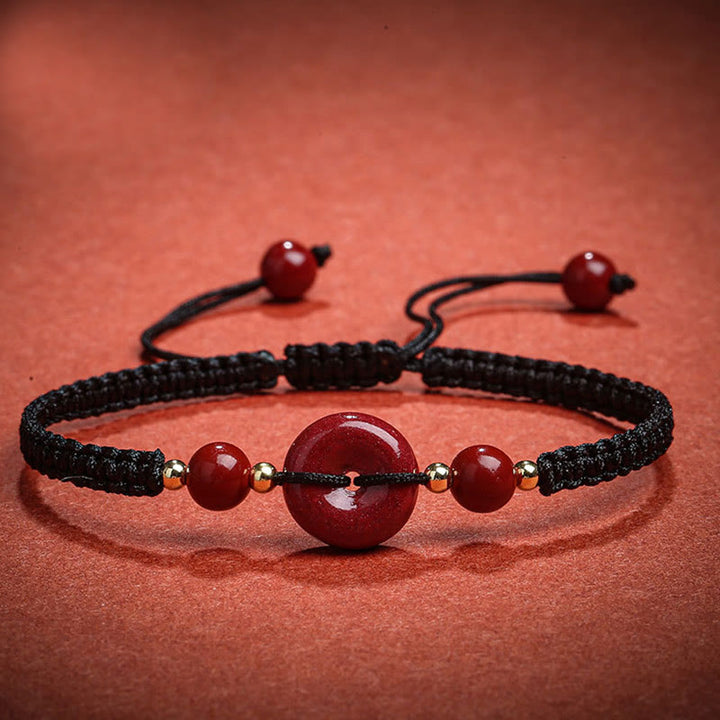 Buddha Stones Natural Cinnabar Peace Buckle Blessing String Bracelet - Black Rope(Wrist Circumference 14-18cm) - image 6