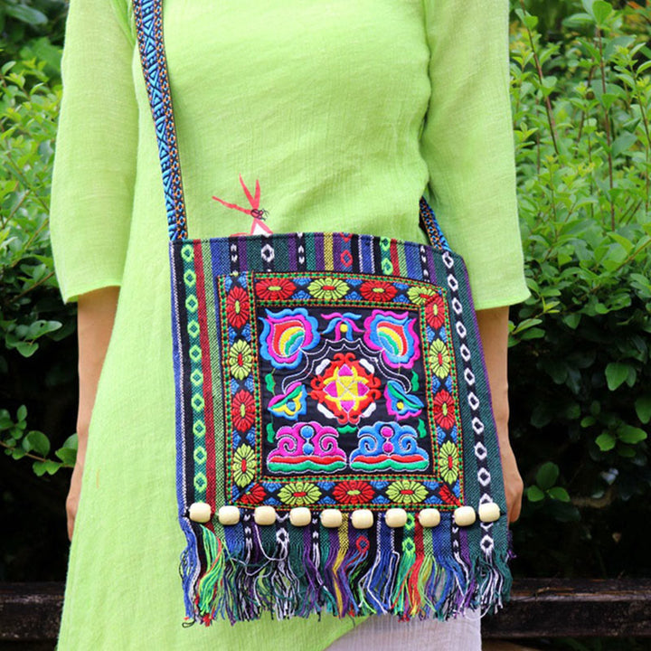 Buddha Stones Tibetan Handmade Embroidered Camellia Canvas Shoulder Bag Crossbody Bag - image 10