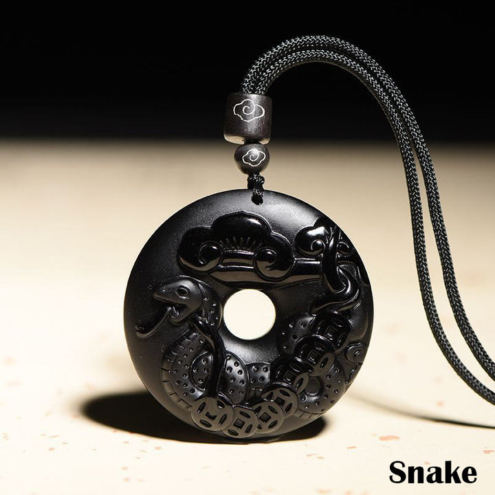 Buddha Stones Chinese Zodiac Natural Black Obsidian Peace Buckle Strength Necklace Pendant - Snake - image 16