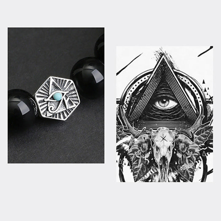 Buddha Stones 925 Sterling Silver Black Obsidian Tiger Eye Eye of Providence Purification Bracelet - image 4