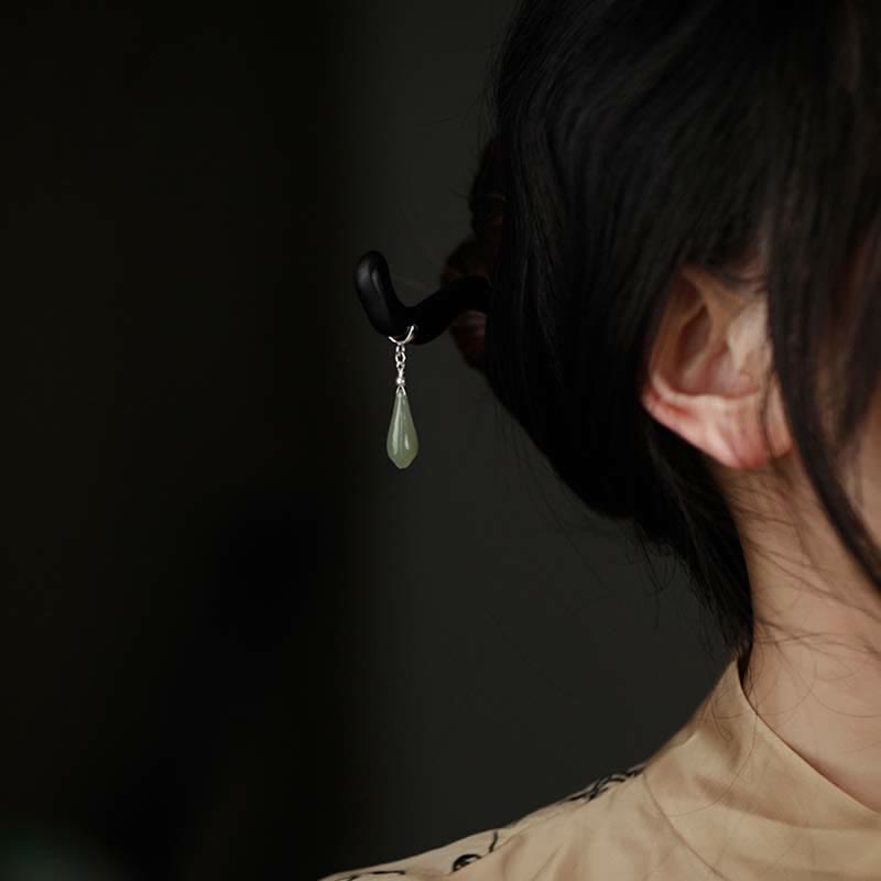 Buddha Stones 925 Sterling Silver Natural Hetian Jade Ebony Wood Luck Charm Hairpin - image 2