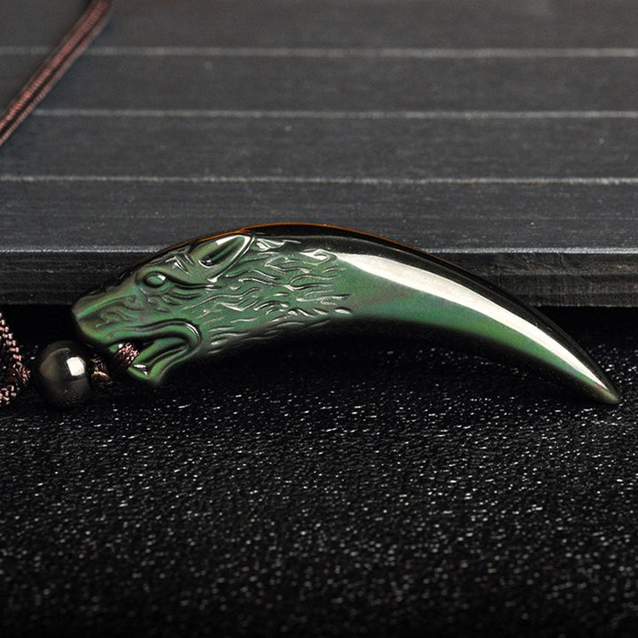 Buddha Stones Natural Black Obsidian Ice Obsidian Rainbow Obsidian Wolf Tooth Pattern Strength Necklace Pendant - image 18