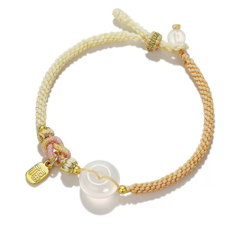 Buddha Stones Handmade White Agate Peace Buckle Luck Happiness Protection Weave String Bracelet - Beige - image 2
