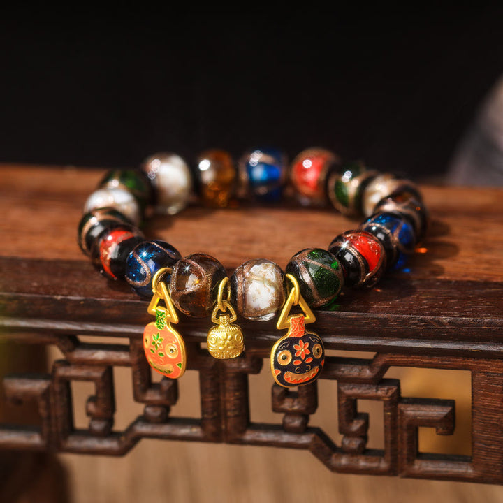 Buddha Stones Five Elements Gold Swallowing Beast Family Charm Liuli Glass Bead Luck Bracelet - Liuli Glass Bead&Flat Orange Black Gold Swallowing Beast Family - 14mm(15 Beads) - image 6