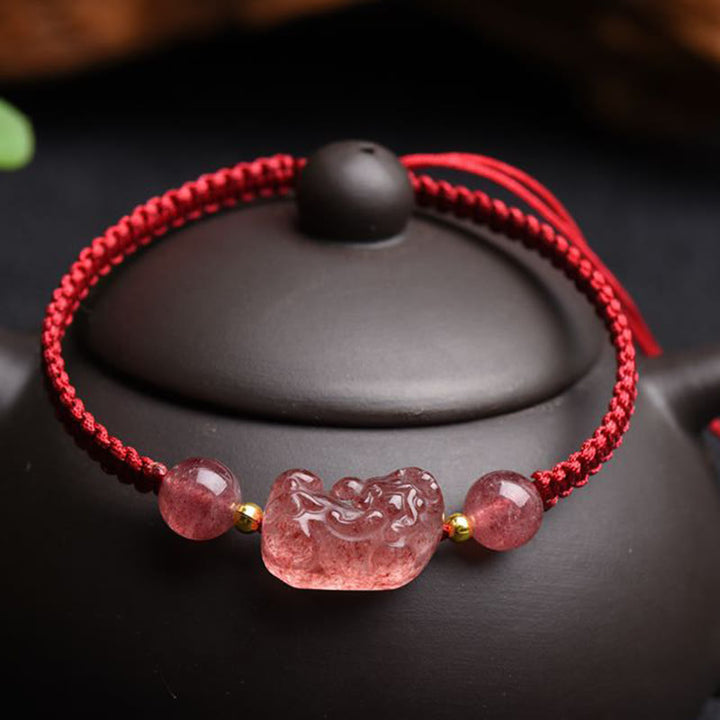 Buddha Stones Natural Strawberry Quartz PiXiu Lucky Red String Bracelet - image 1