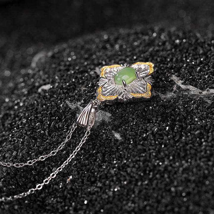 Buddha Stones 925 Sterling Silver Plated Gold Hetian Cyan Jade Rhombus Design Luck Healing Necklace Pendant - image 2