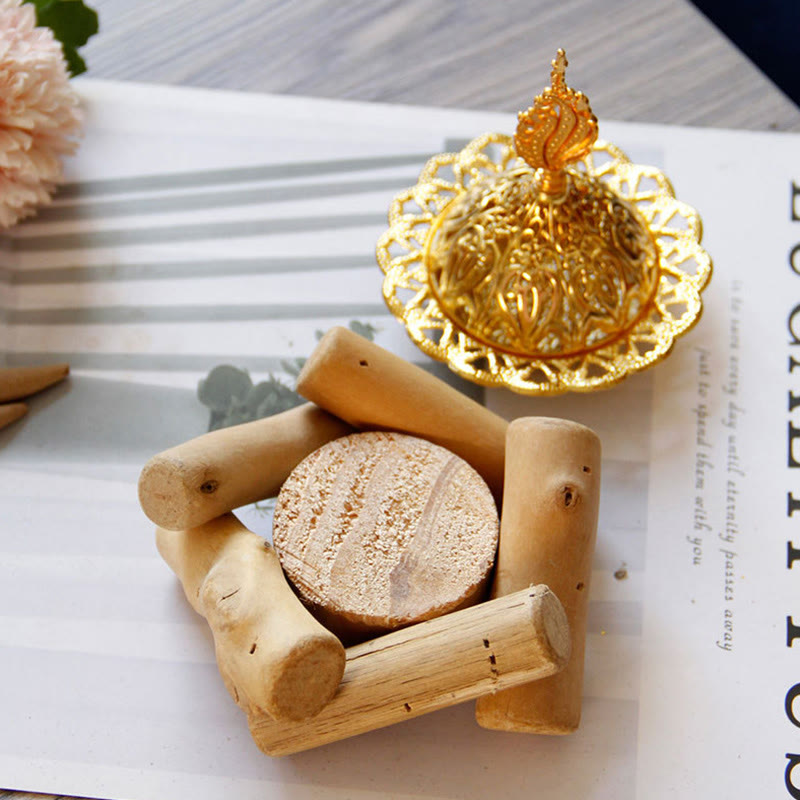 Gold Alloy Healing Mini Incense Burner With Wooden Coaster Home Decor - image 1